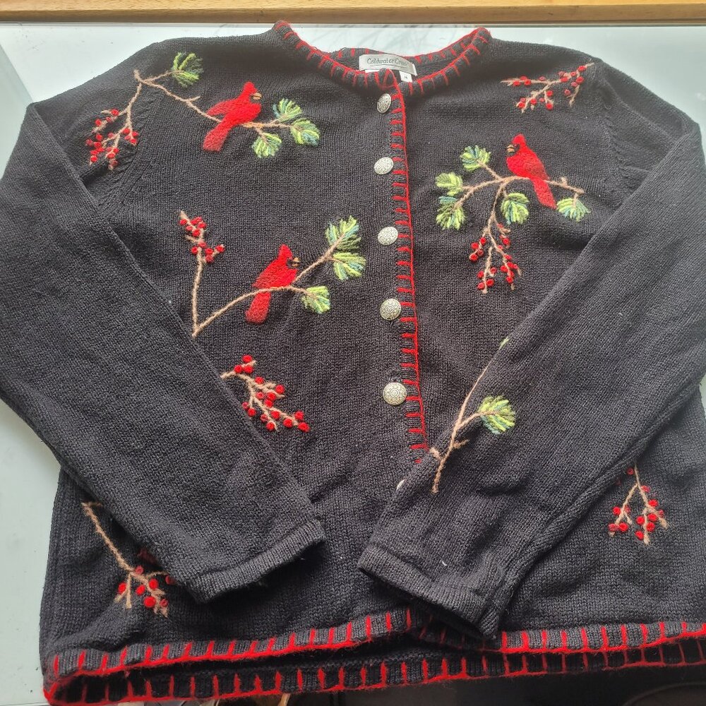 Coldwater Creek Embroidered Cardinal/Bird Cotton Cottagecore Cardigan Size M - Picture 7 of 10